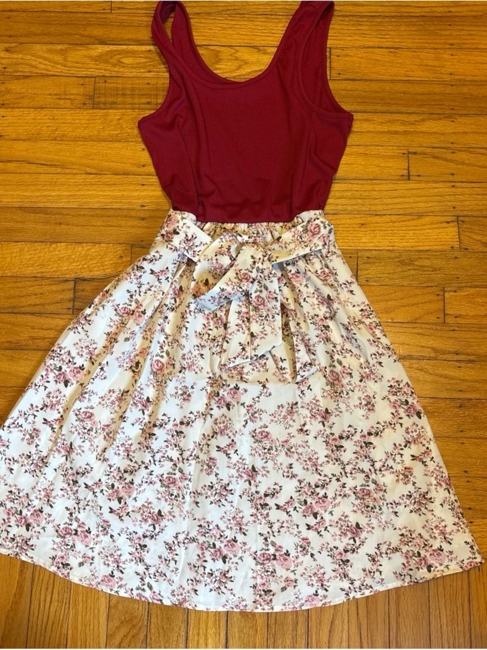 Womans dress with Cream Floral dress and a burgundy top